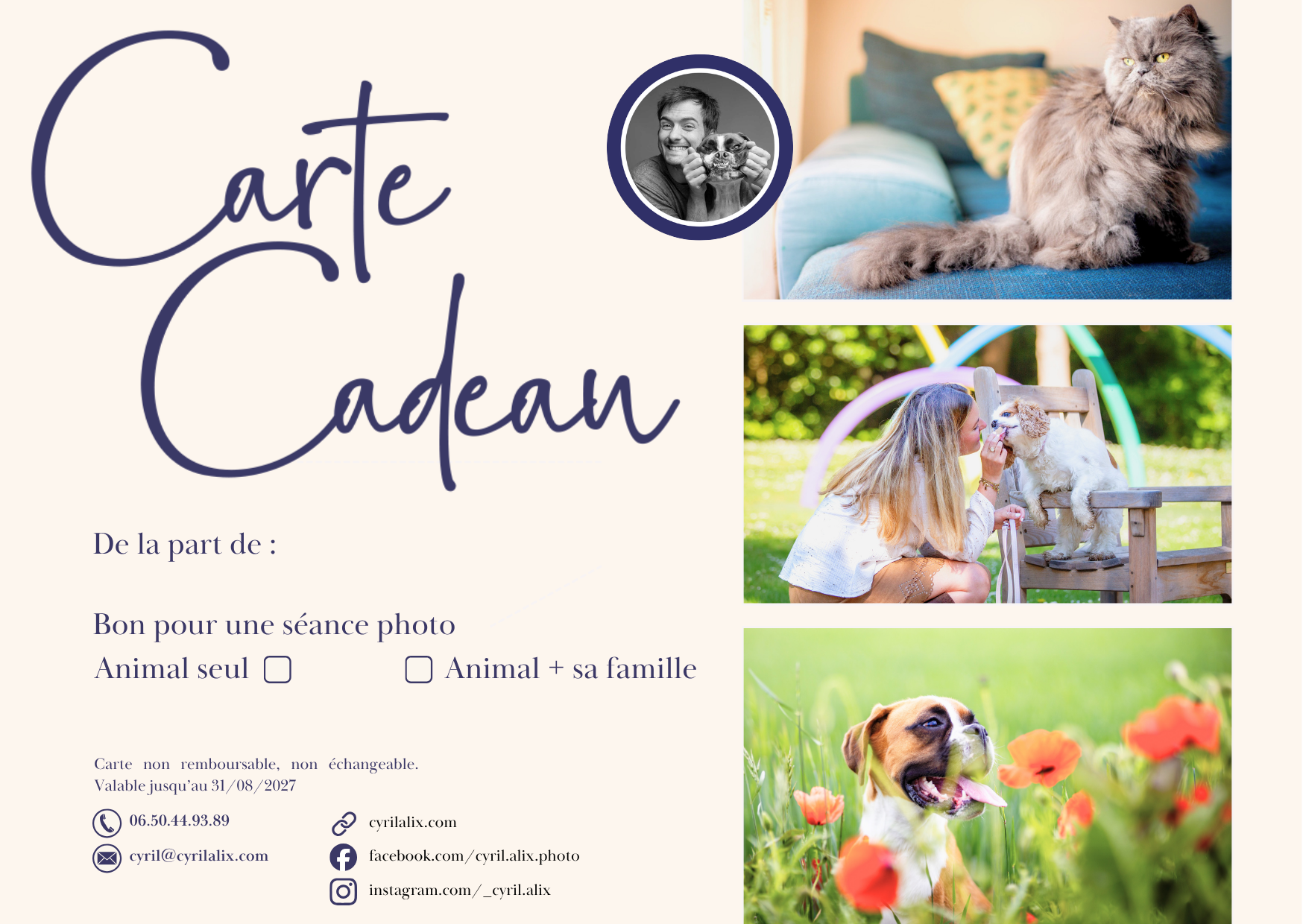 Carte cadeau de séance photo chien et chat de Cyril Alix, à Caen